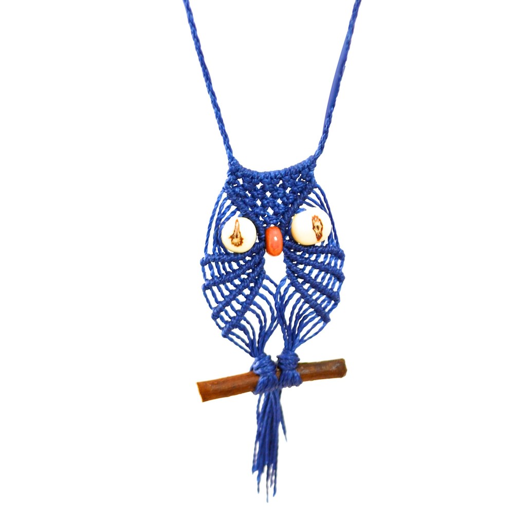 Macrame owl necklace by designer Coco Paniora Salinas of Rumi Sumaq rumisumaq.com