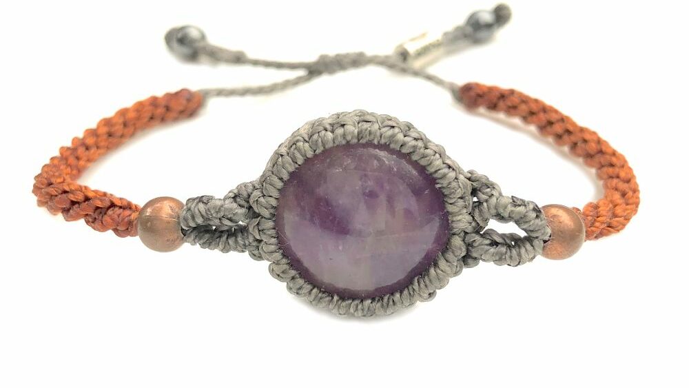 Amethyst bracelet macrame gray and orange hand-knotted waxed cord | Handmade on Martha's Vineyard by designer Coco Paniora Salinas of RUMI SUMAQ Jewelry