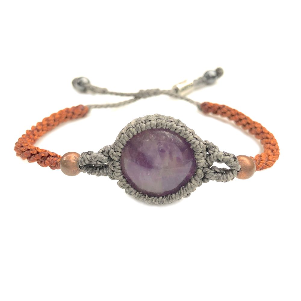 Amethyst bracelet macrame gray and orange hand-knotted waxed cord | Handmade on Martha's Vineyard by designer Coco Paniora Salinas of RUMI SUMAQ Jewelry