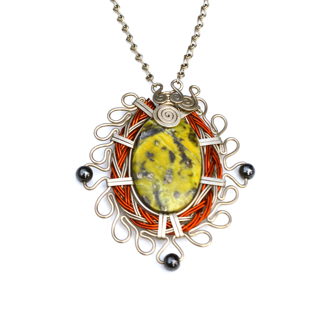 Art jewelry wirework Sawsi Necklace with Serpentine and Hematite stones by designer Coco Paniora Salinas