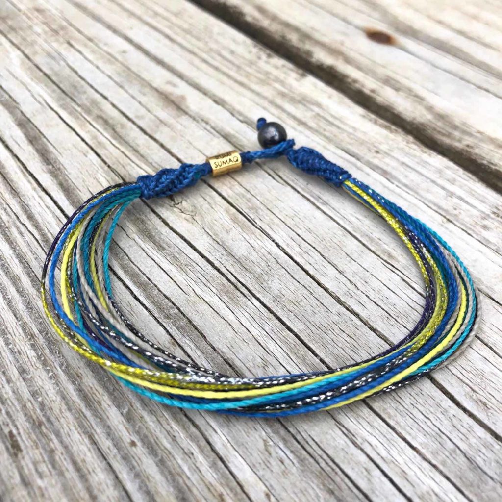 Handmade Woven Knot Braided Rope Surfer Beach Jewelry by Rumi Sumaq Anklet with Beaded Hematite Stones for Men and Women in Blue