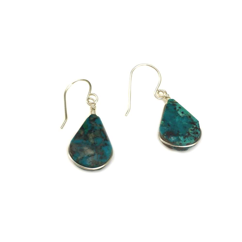 Chrysocolla earrings drop stones in Sterling Silver | Rumi Sumaq