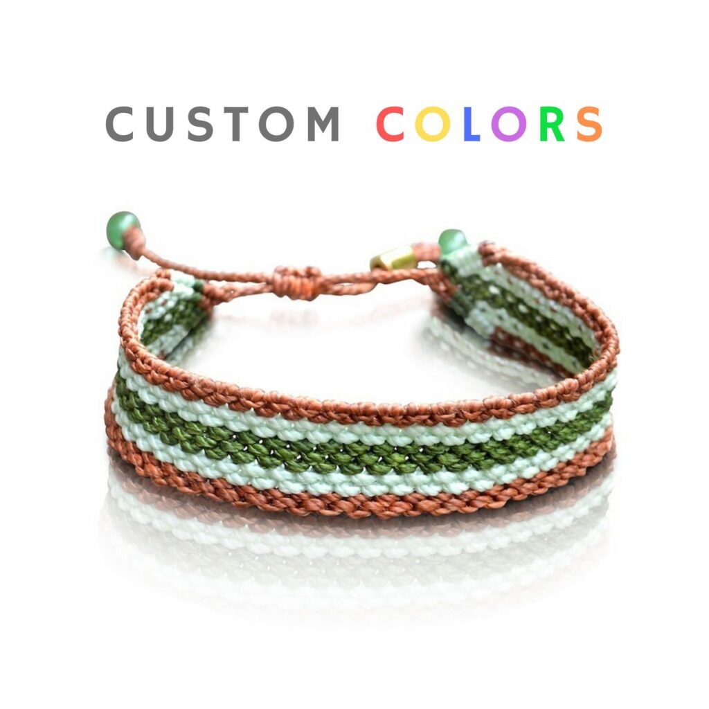Custom women's bracelet in customized colors of woven hand-knotted stripes. Handmade macrame friendship bracelets by Rumi Sumaq.