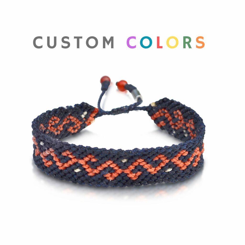 Custom woven bracelet with cool S pattern in hand-knotted custom colored waxed cord. Custom woven jewelry handmade by Rumi Sumaq.