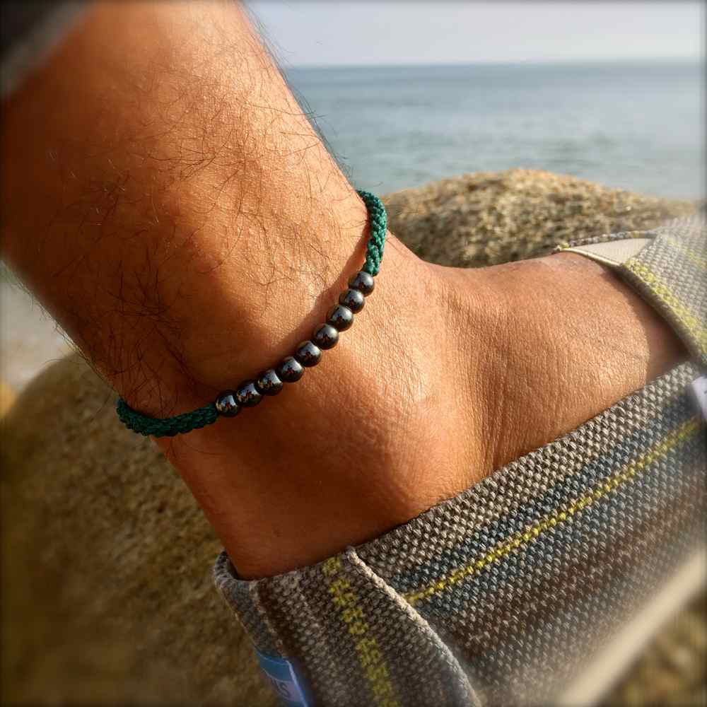 Handmade Woven Knot Braided Rope Surfer Beach Jewelry by Rumi Sumaq Anklet with Beaded Hematite Stones for Men and Women in Blue