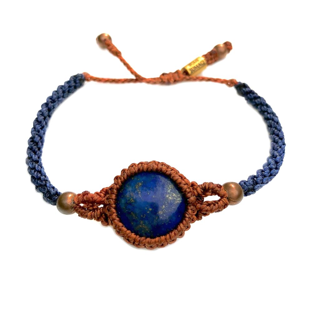 Lapis bracelet blue and rust orange macrame handwoven waxed cord | Handmade on martha's Vineyard by designer Coco Paniora Salinas of RUMI SUMAQ JEWELRY