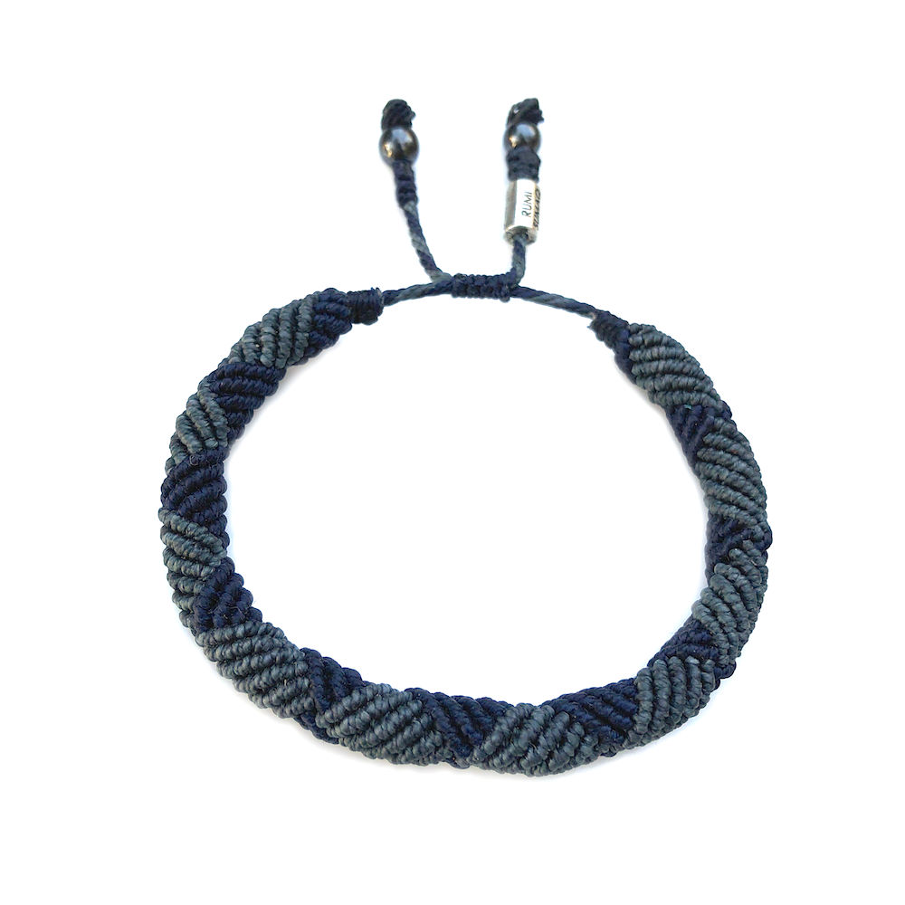 Mens rope bracelet blue by designer Coco Paniora Salinas of RUMI SUMAQ. Handmade art jewelry from Martha's Vineyard.