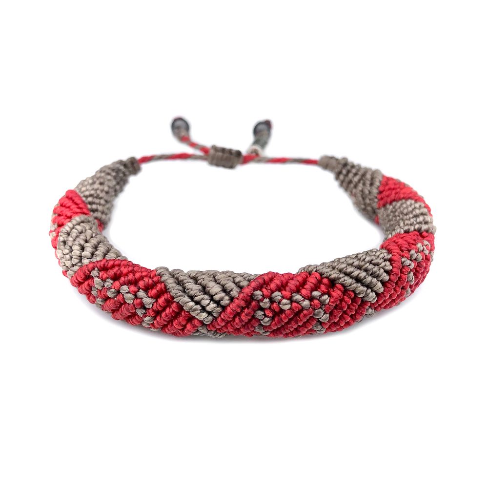 Mens Rope Bracelet Red and Tan Hand-Knotted Waxed Cord by RUMI SUMAQ. Made on Martha's Vineyard.