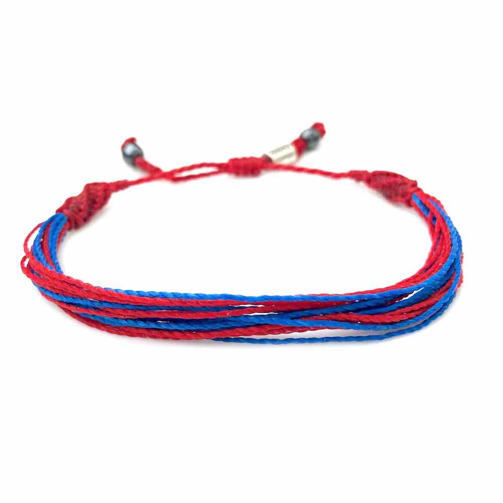 Red Blue Awareness Bracelet for Congenital Heart Disease CHD and Hypoplastic Heart Syndrome by RUMI SUMAQ. Handmade awareness jewelry from Martha's Vineyard.