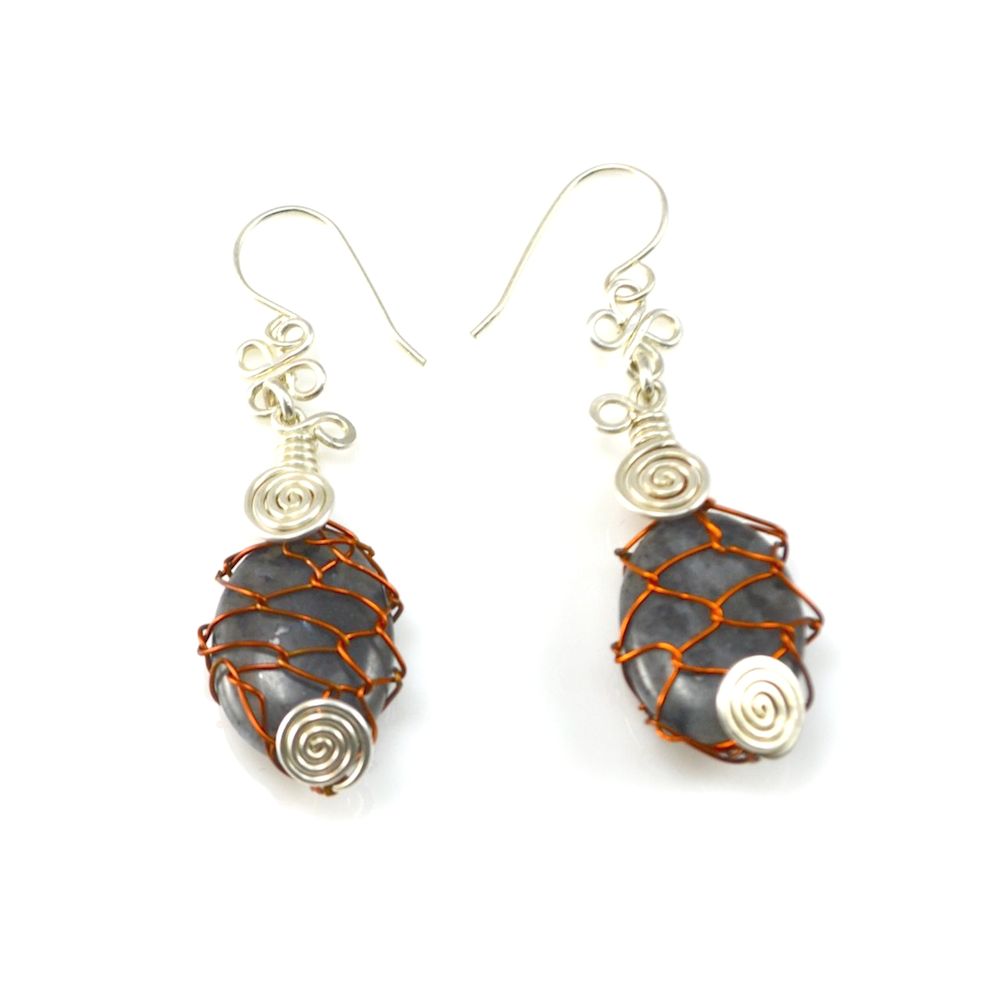 Silver and copper wirework Lupu earrings by Coco Paniora Salinas of Rumi Sumaq