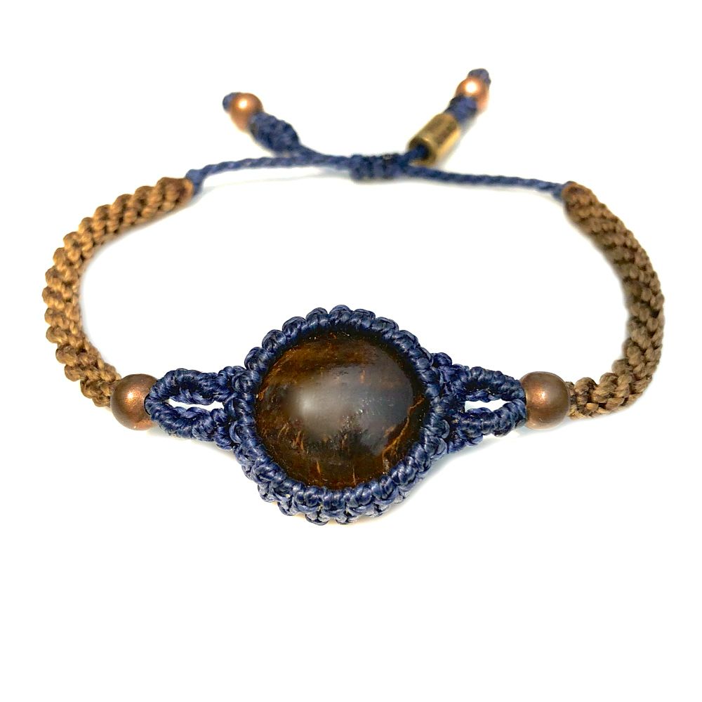 Tigers Eye Bracelet Macrame in Blue and Brown Waxed Cord | Hand-Knotted Bohemian Macrame Jewelry by Designer Coco Paniora Salinas of RUMI SUMAQ